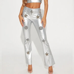 NWT Fashion NOVA Silver Faux Leather Flare Silver Pants w/ Rhinestone Crosses